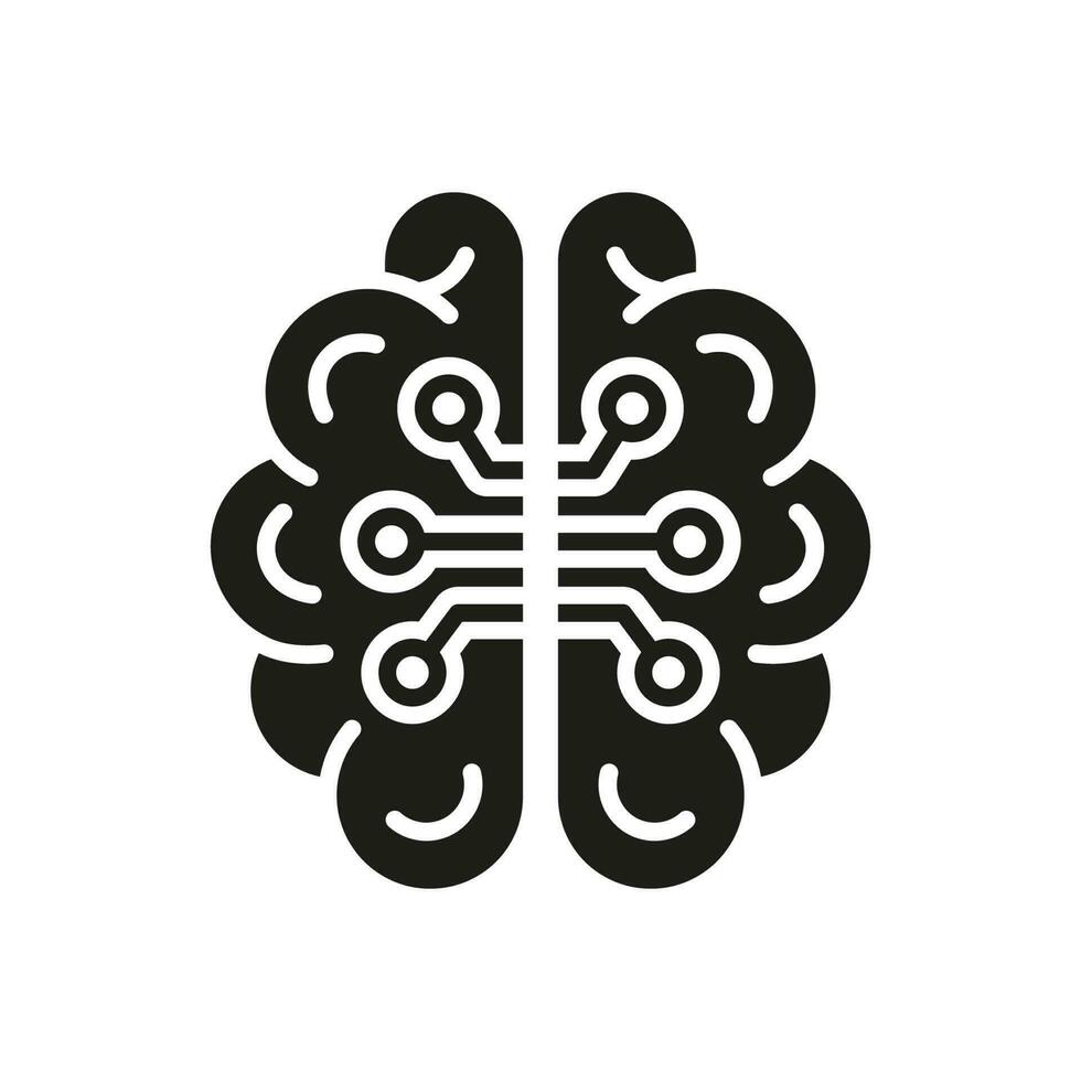 Tech Science Silhouette Pictogram. Human Brain and Digital Technology Black Solid Icon. Neurology and Artificial Intelligence Glyph Symbol on White Background. Isolated Vector Illustration.