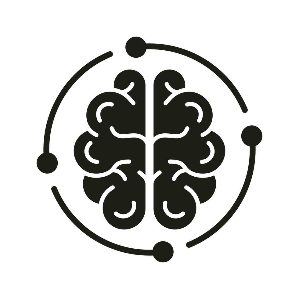 Neurology and Artificial Intelligence Glyph Symbol on White Background. Human Brain and Digital Technology Black Silhouette Icon. Tech Science Solid Pictogram. Isolated Vector Illustration.