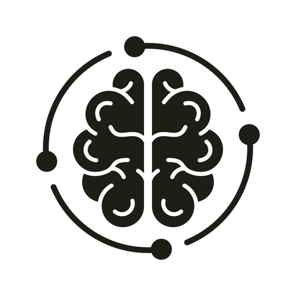 neurología y artificial inteligencia glifo símbolo en blanco antecedentes. humano cerebro y digital tecnología negro silueta icono. tecnología Ciencias sólido pictograma. aislado vector ilustración.