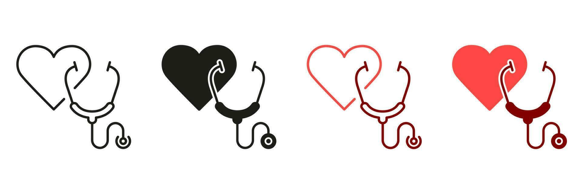 Stethoscope Line and Silhouette Icon Set. Heart Illness Diagnosis Tool. Doctor's Instrument for Pulse Examination, Medic Equipment Black and Color Symbol Collection. Isolated Vector Illustration.