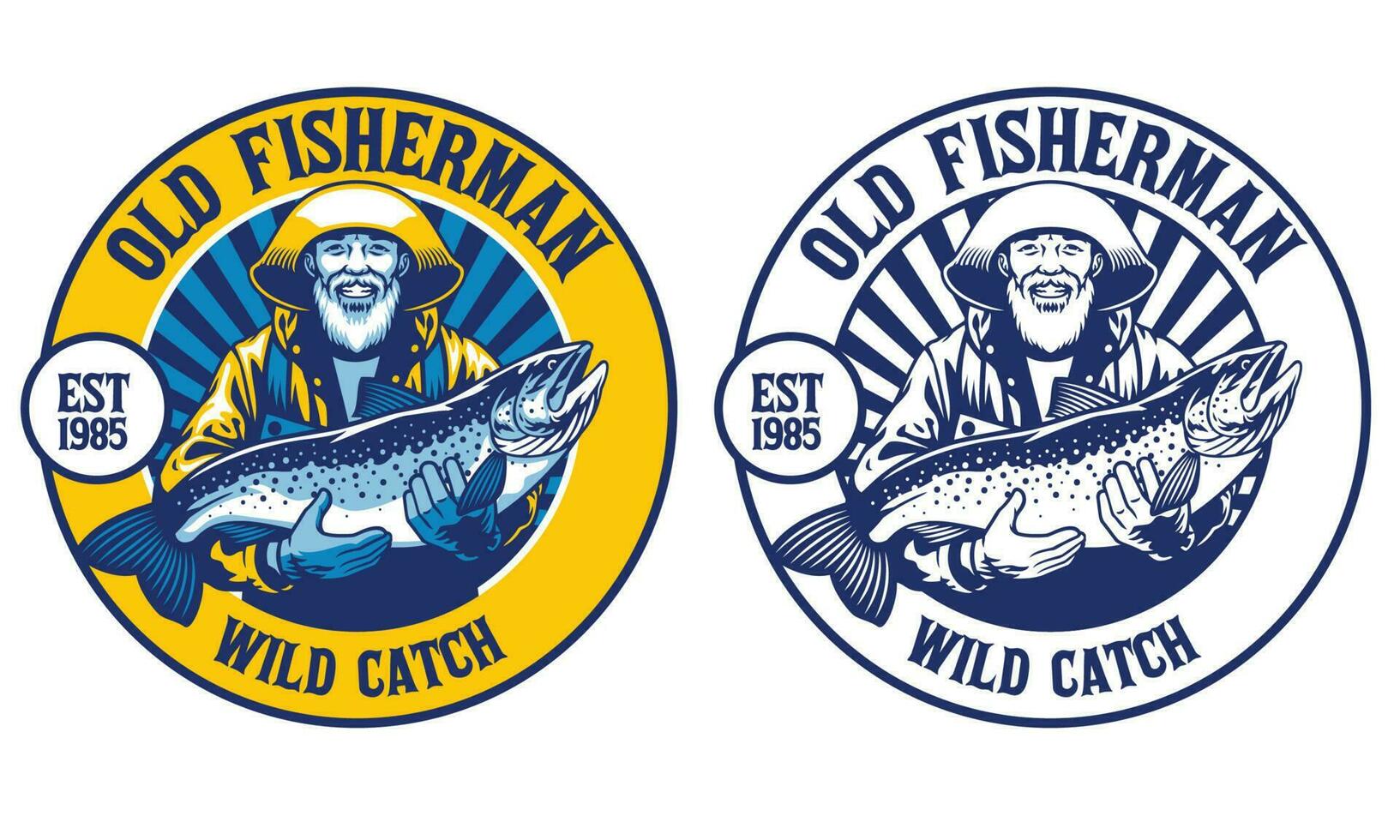 old fisherman with his big catch salmon fish vector