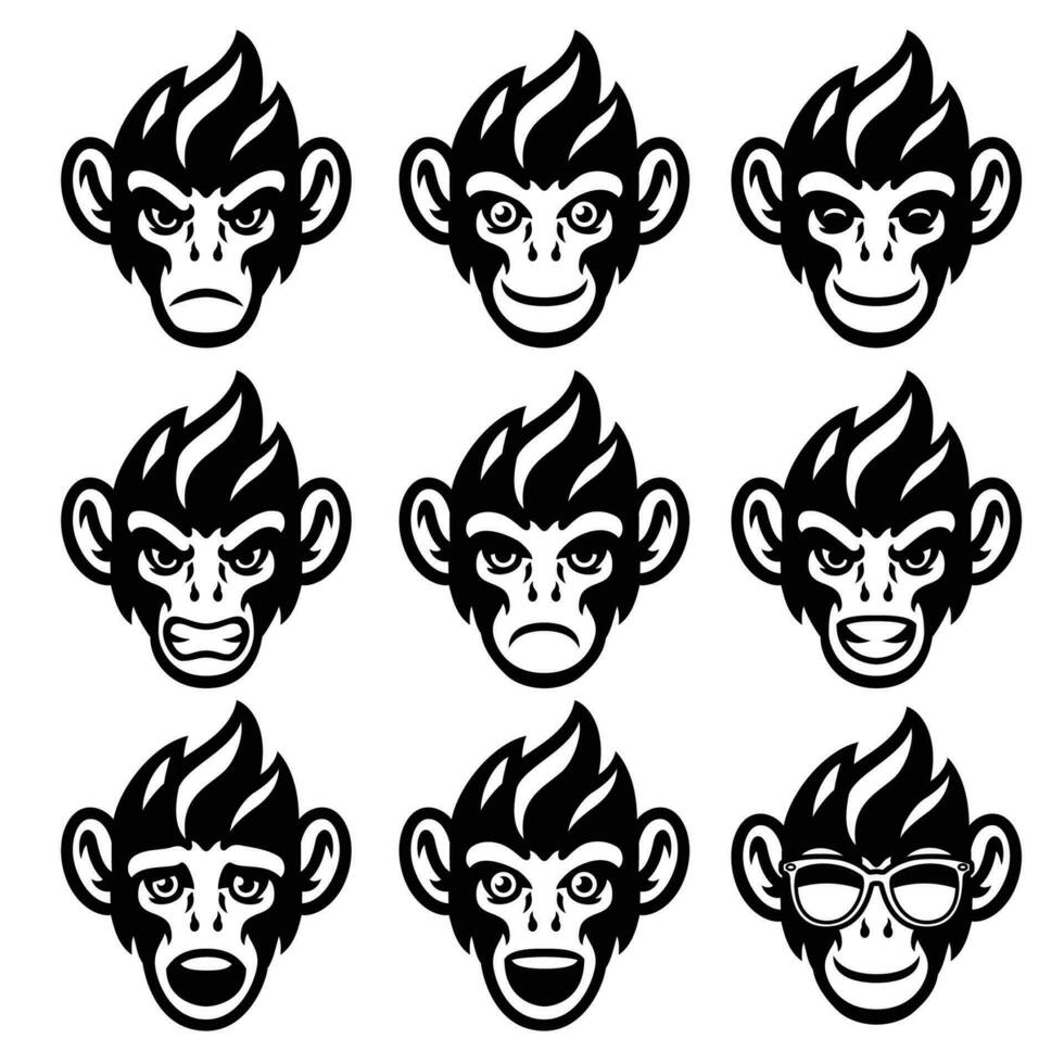 Cartoon Monkey Head set in various face Expression vector