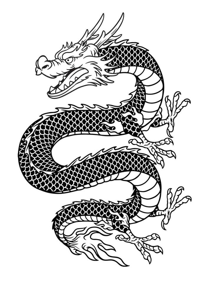 asian style Dragon in black and white vector