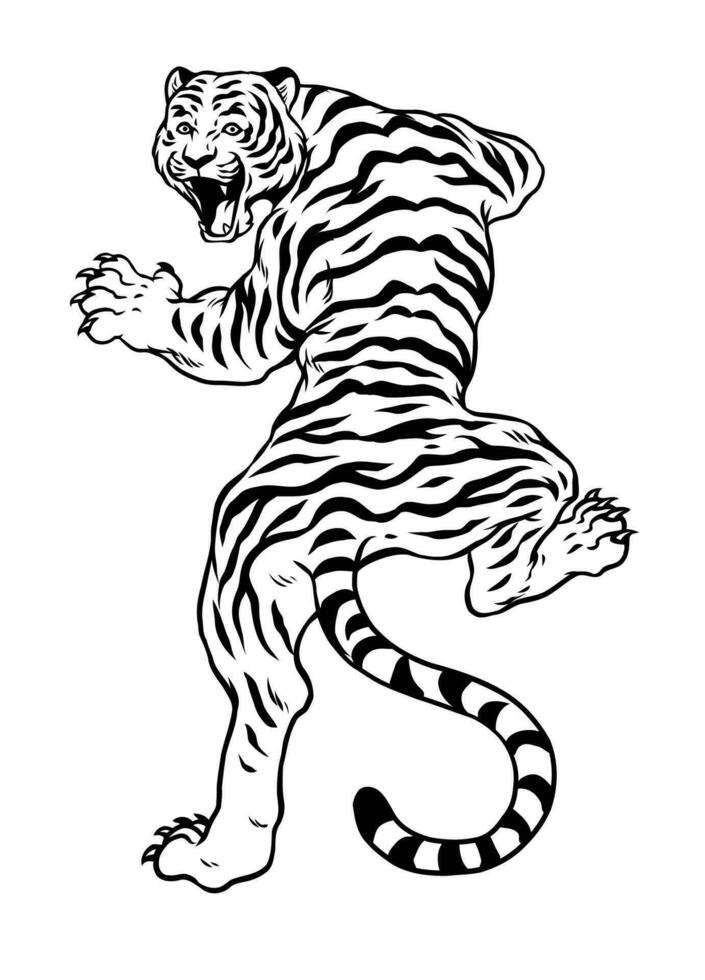 mano dibujado enojado Tigre negro y blanco vector