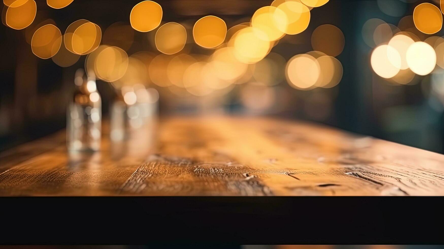 Empty wooden table in front of abstract bokeh light background. photo