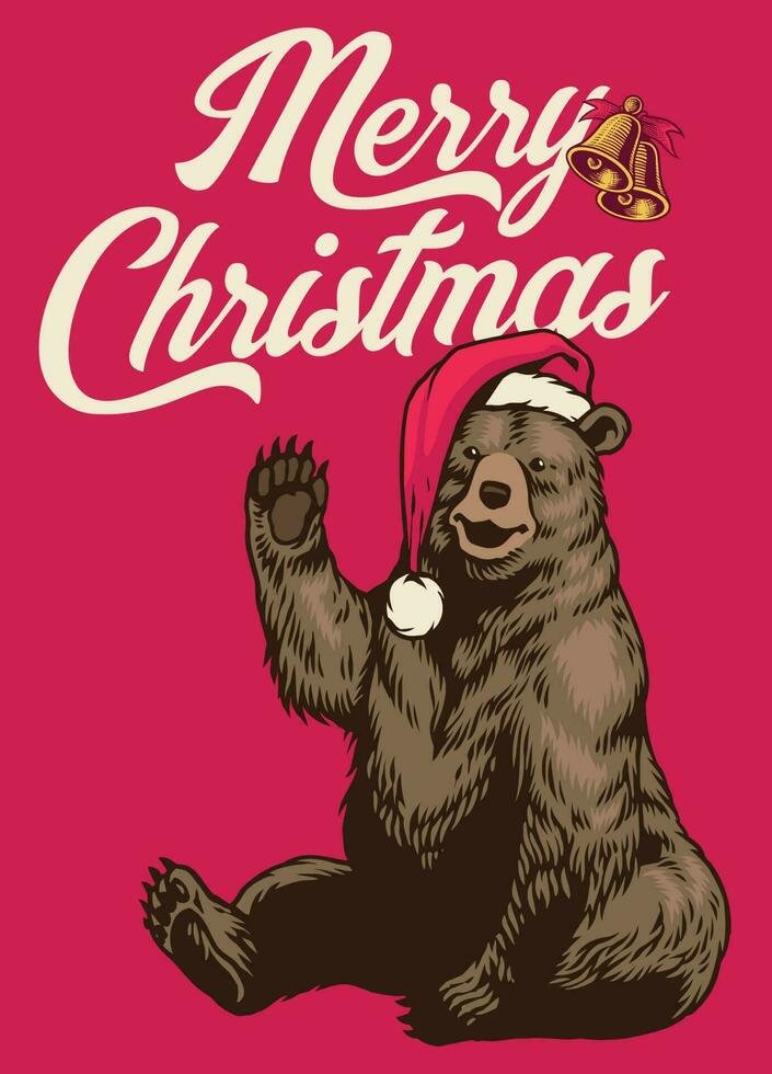 Vintage illustration of Grizzly bear wearing christmas santa hat vector