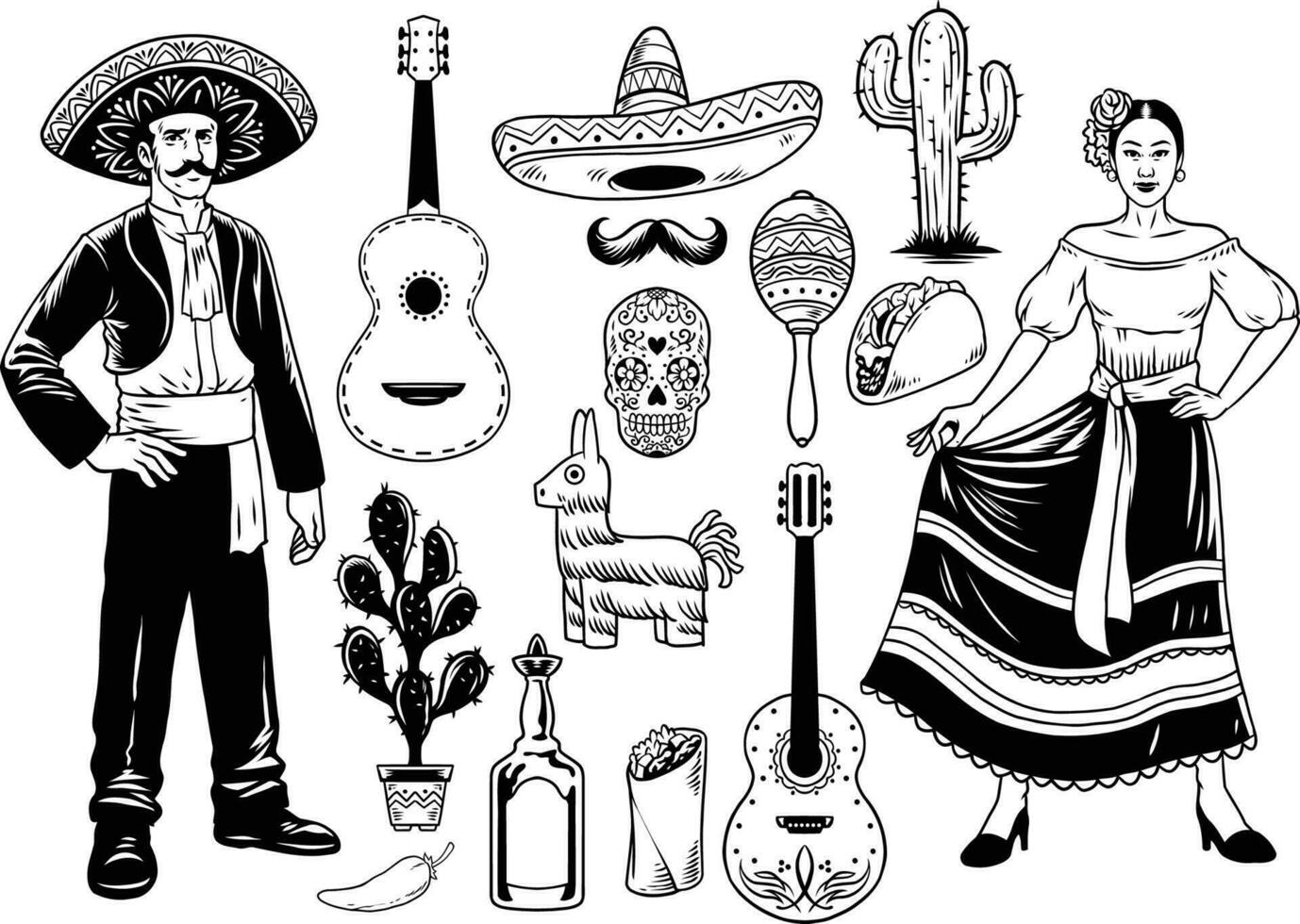 conjunto de mano dibujado Clásico mexicano cultura objetos vector