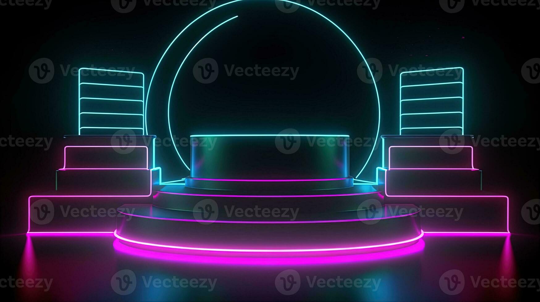 3D abstract background. Neon glowing podium. Empty scene for product presentation. photo
