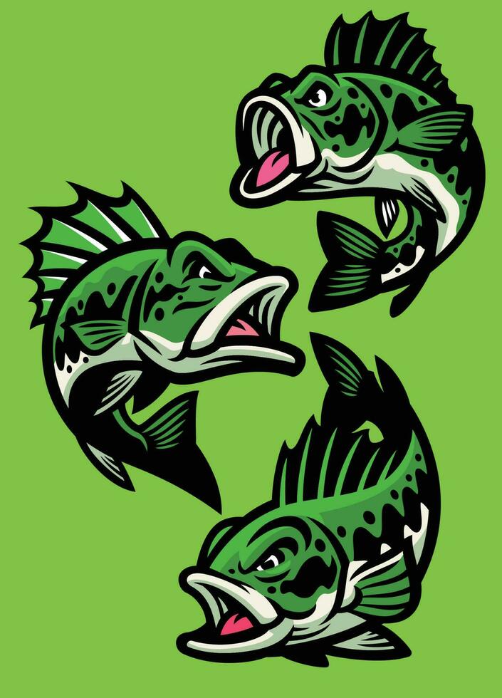 set of angry cartoon largemouth bass fish vector