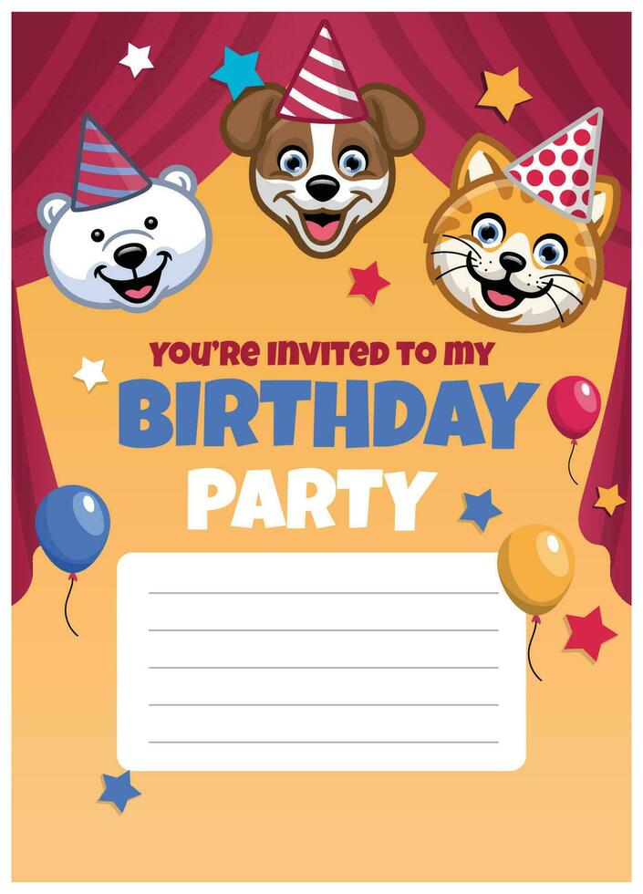 cumpleaños invitación diseño con linda animal cabezas vector