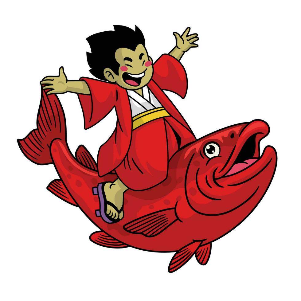 Japón dibujos animados montando salmón rojo rojo salmón pescado vector