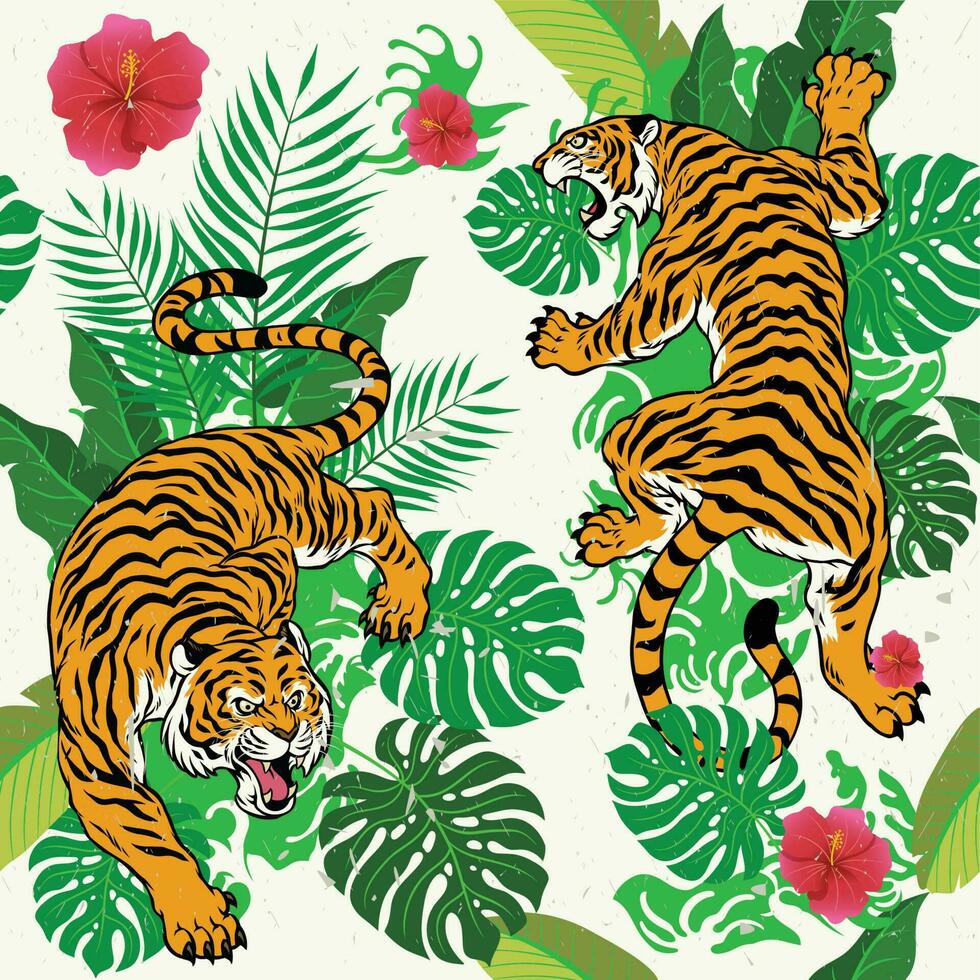 Pattern Design of Tropical Hawaiian Style with Tiger vector