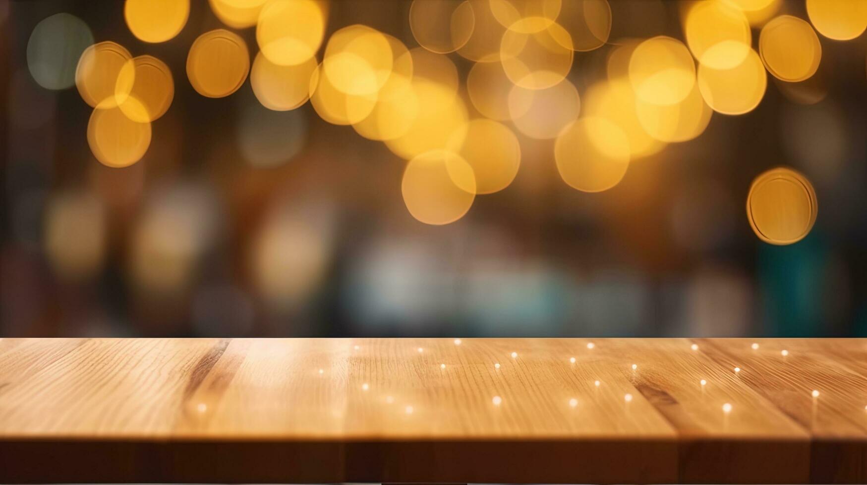 Empty wooden table in front of abstract bokeh light background. photo