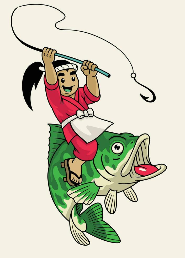 Japan cartoon fisherman fishing the bass fish vector