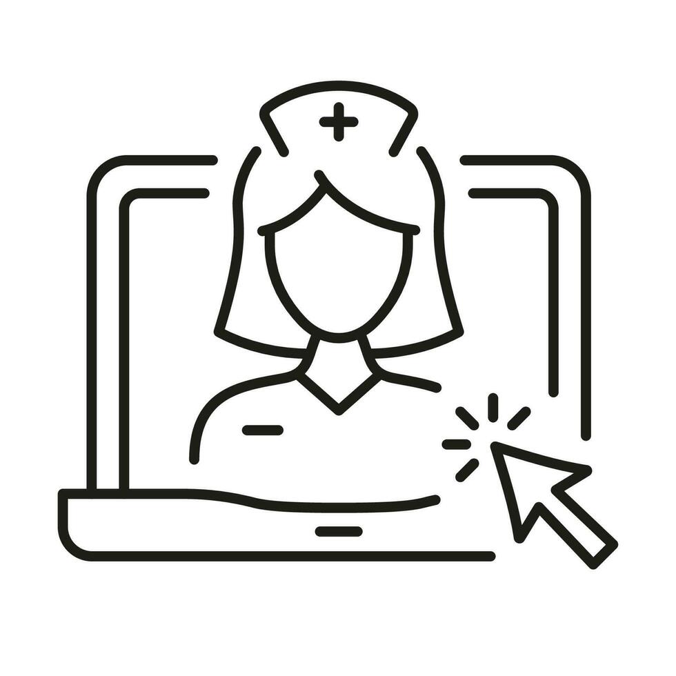 Remote Virtual Doctor Woman in Laptop Linear Pictogram. Physician Online Consultation. Video Medical Service Line Icon. Telemedicine Healthcare Symbol. Editable Stroke. Isolated Vector Illustration.