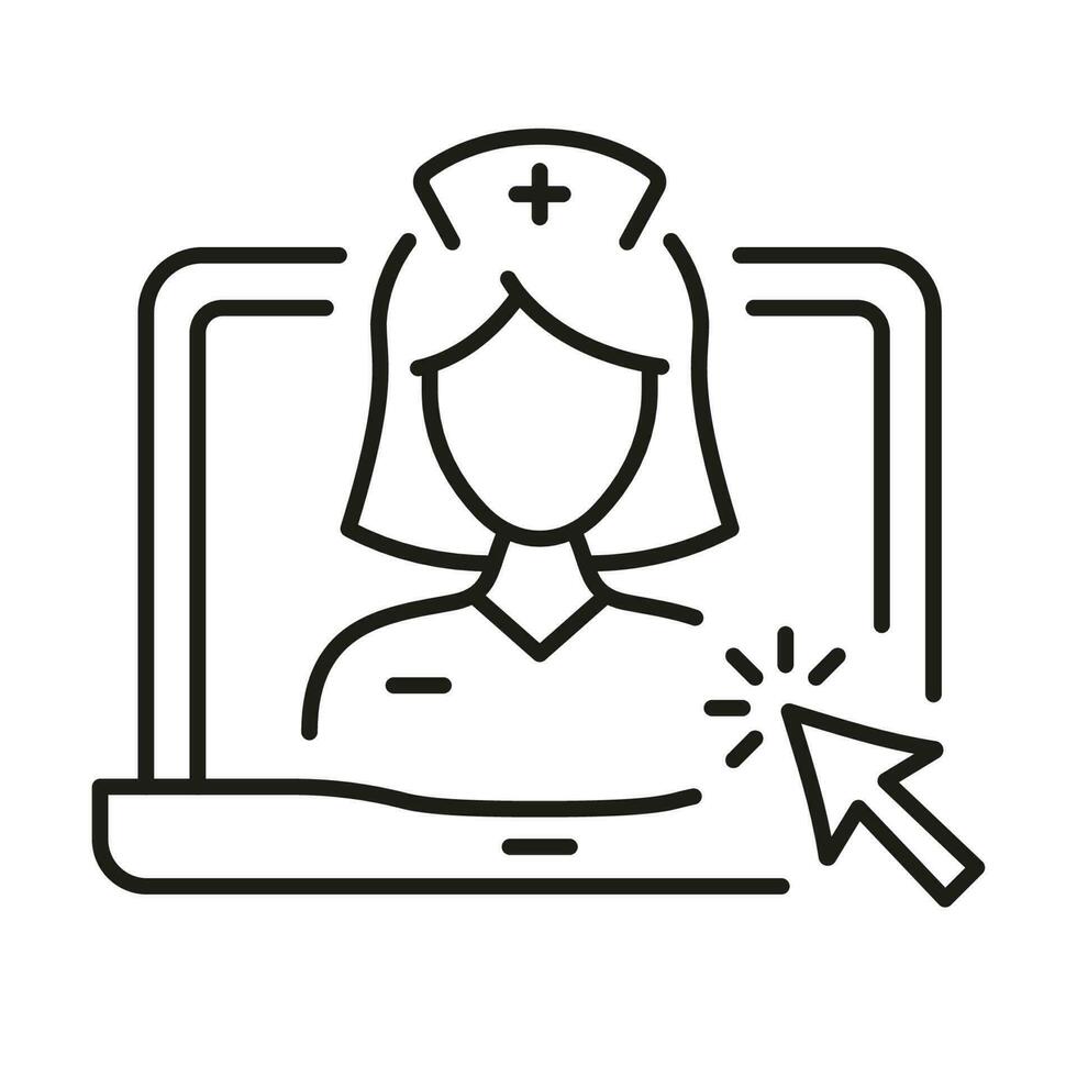 remoto virtual médico mujer en ordenador portátil lineal pictograma. médico en línea consulta. vídeo médico Servicio línea icono. telemedicina cuidado de la salud símbolo. editable ataque. aislado vector ilustración.