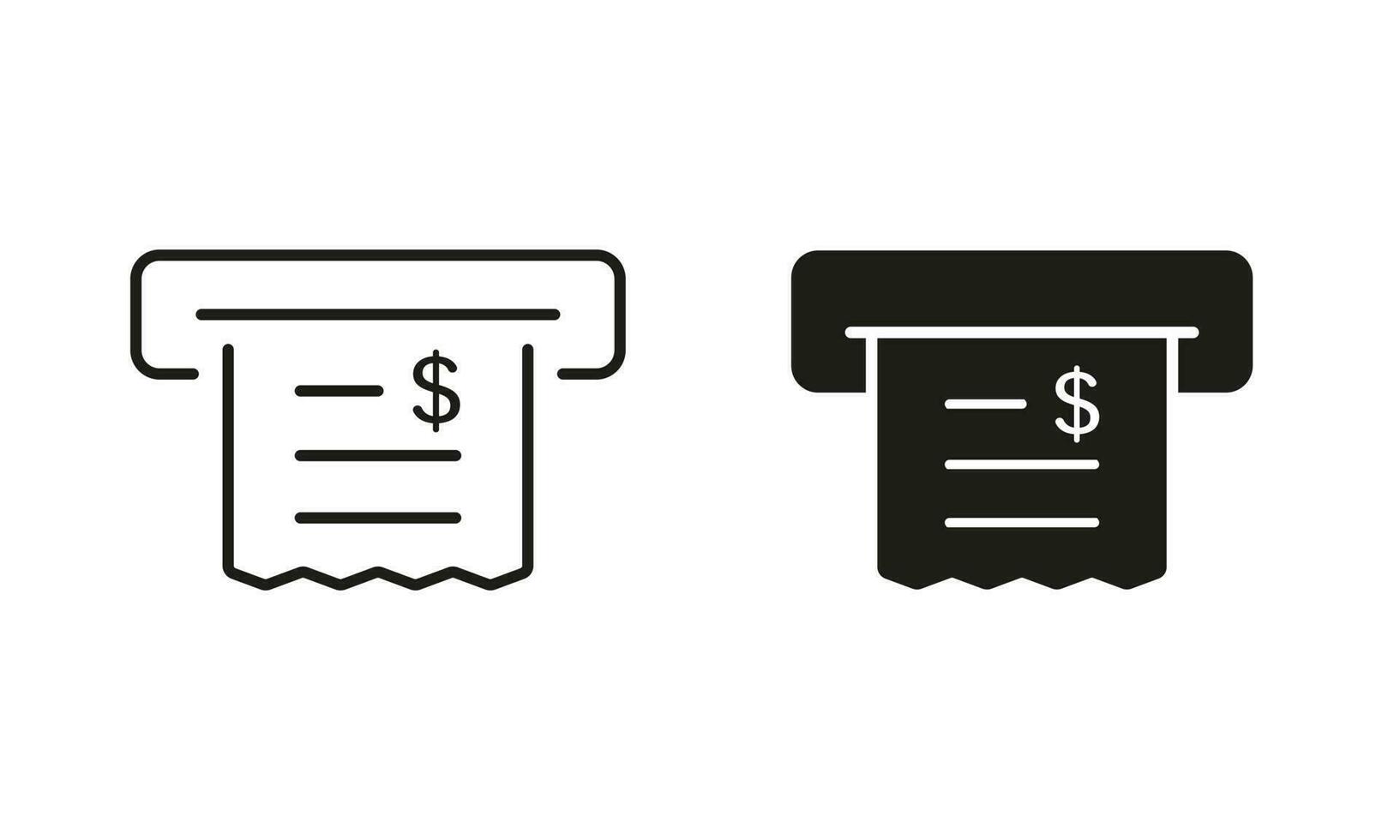 Purchase Receipt, Financial Paper Line and Silhouette Icon Set. Payment Total Price Pictogram. Tax Bill Symbol Collection on White Background. Invoice with Dollar Sign. Isolated Vector Illustration.