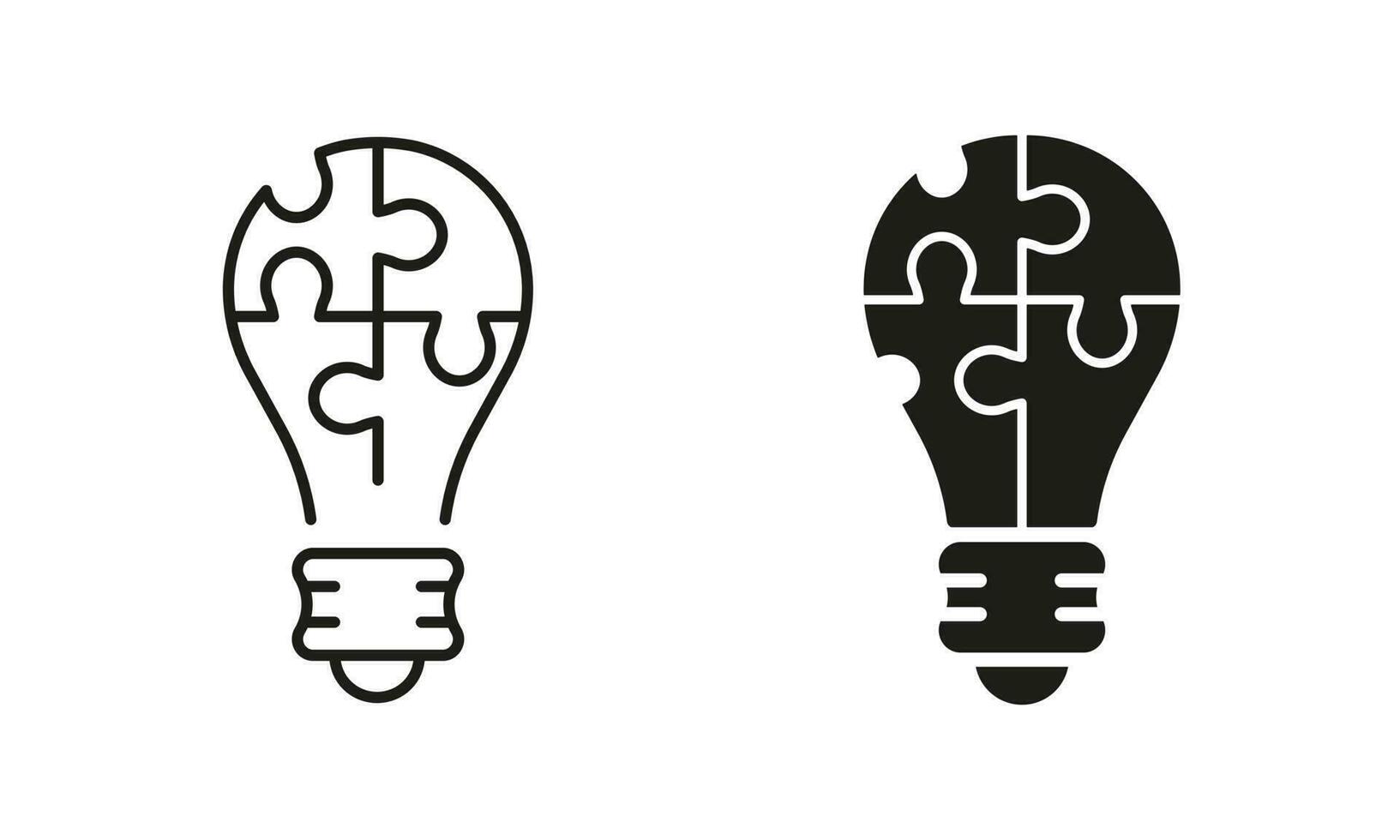 Light Bulb with Jigsaw Puzzle Idea Line and Silhouette Icon Set. Innovation, Inspiration, Think. Lightbulb and Game Solution Symbol Collection on White Background. Isolated Vector Illustration.