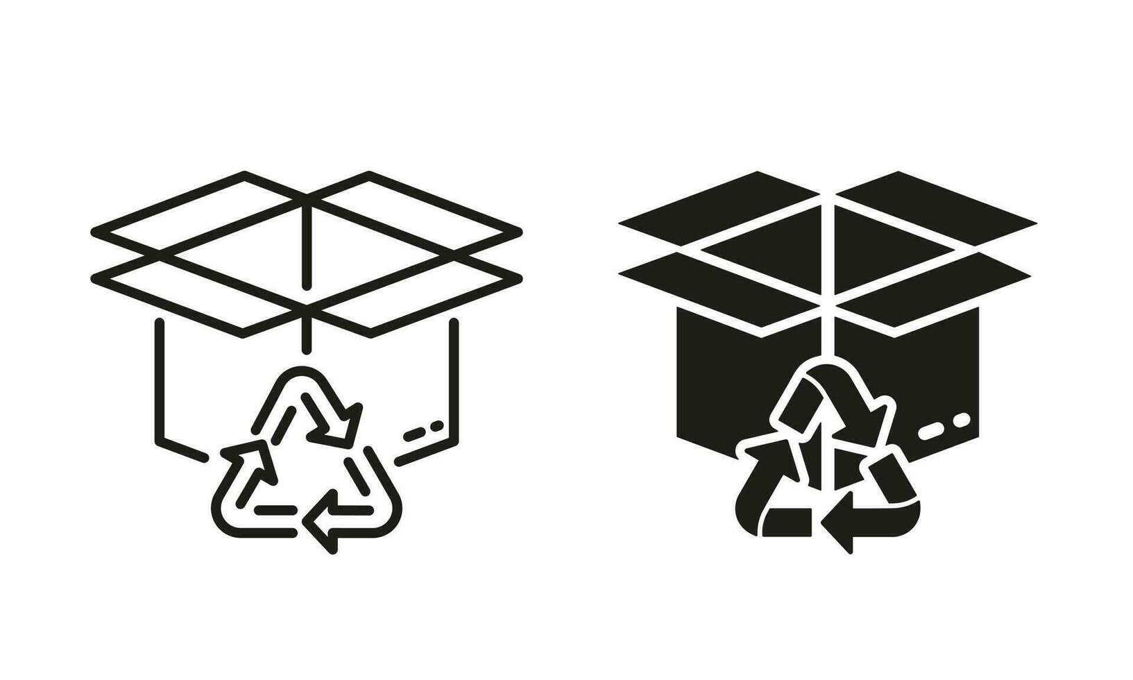 Eco Recycling Box Line and Silhouette Icon Set. Ecology Natural Recycle Package. Bio Organic Cardboard Pack for Delivery Symbol Collection on White Background. Isolated Vector Illustration.
