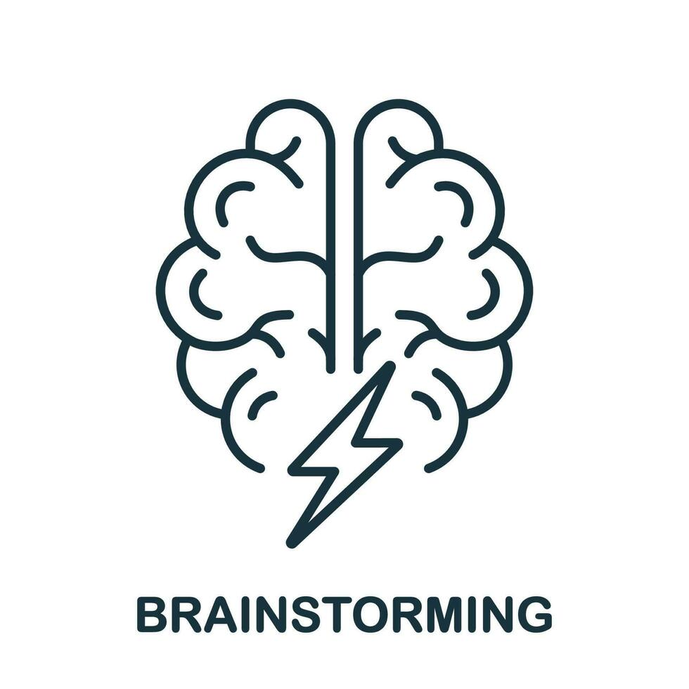 Brainstorm Line Icon. Human Brain with Lightning Linear Pictogram. Think about Creative Idea Outline Sign. Brainstorming, Intellectual Process Symbol. Editable Stroke. Isolated Vector Illustration.