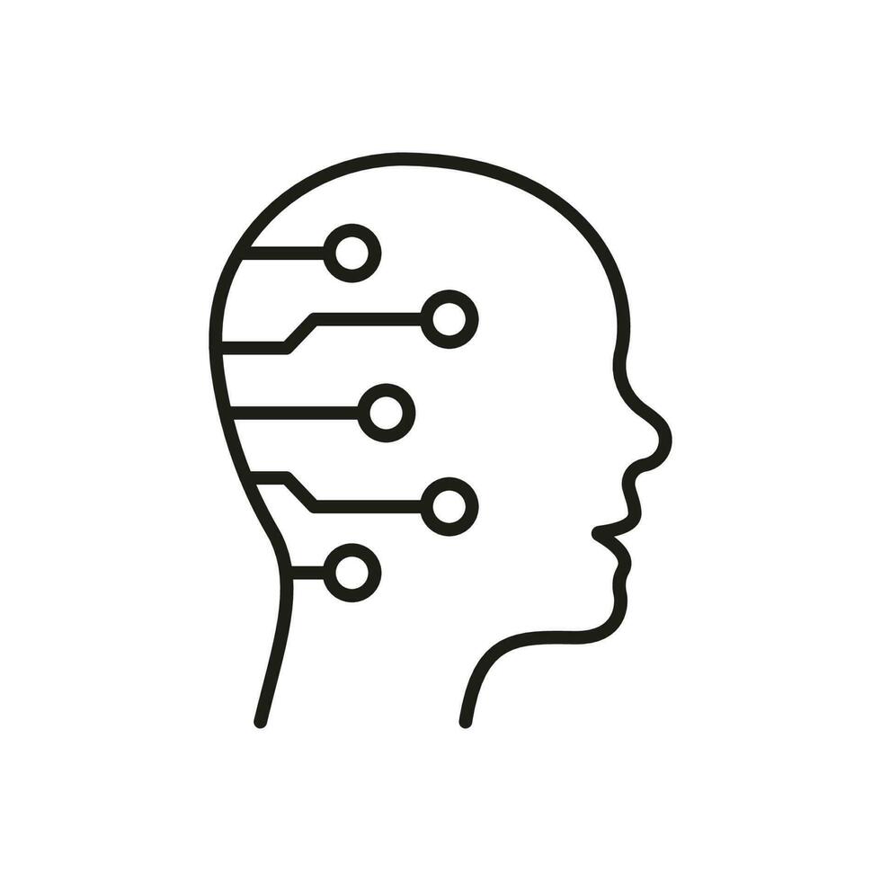 humano cabeza con circuito negro línea icono, digital tecnología y artificial inteligencia concepto. tecnología Ciencias innovación símbolo en blanco antecedentes. editable ataque. aislado vector ilustración.