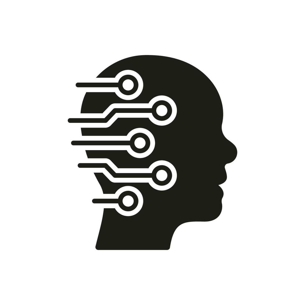 Tech Science Innovation Solid Symbol on White Background. Human Head with Circuit Black Silhouette Icon, Digital Technology and Artificial Intelligence Concept. Isolated Vector Illustration.