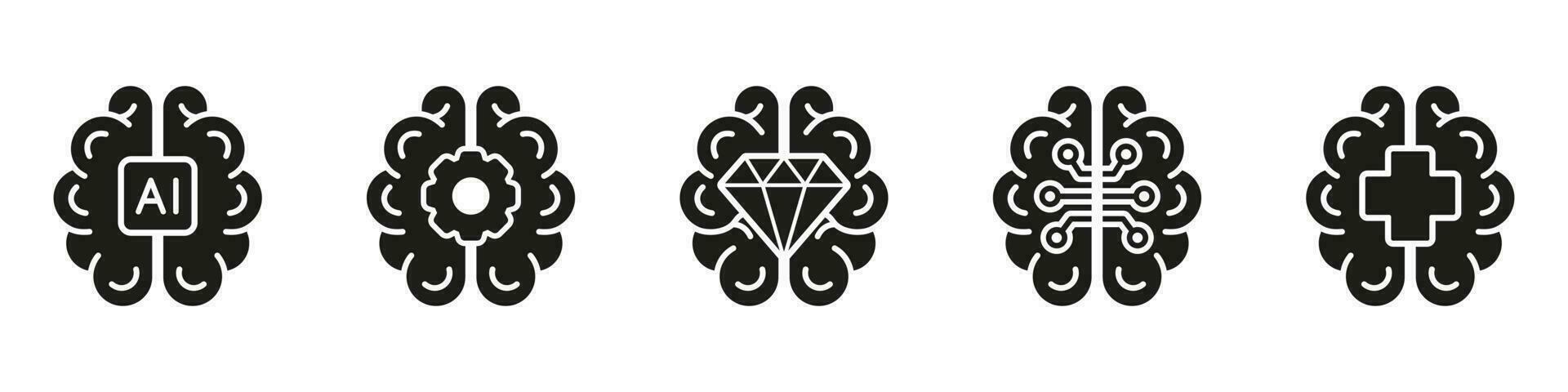Human Brain and Machine Learning Silhouette Symbol Collection on White Background. Artificial Intelligence Black Glyph Icon Set. Digital and Tech Science Solid Pictogram. Isolated Vector Illustration.