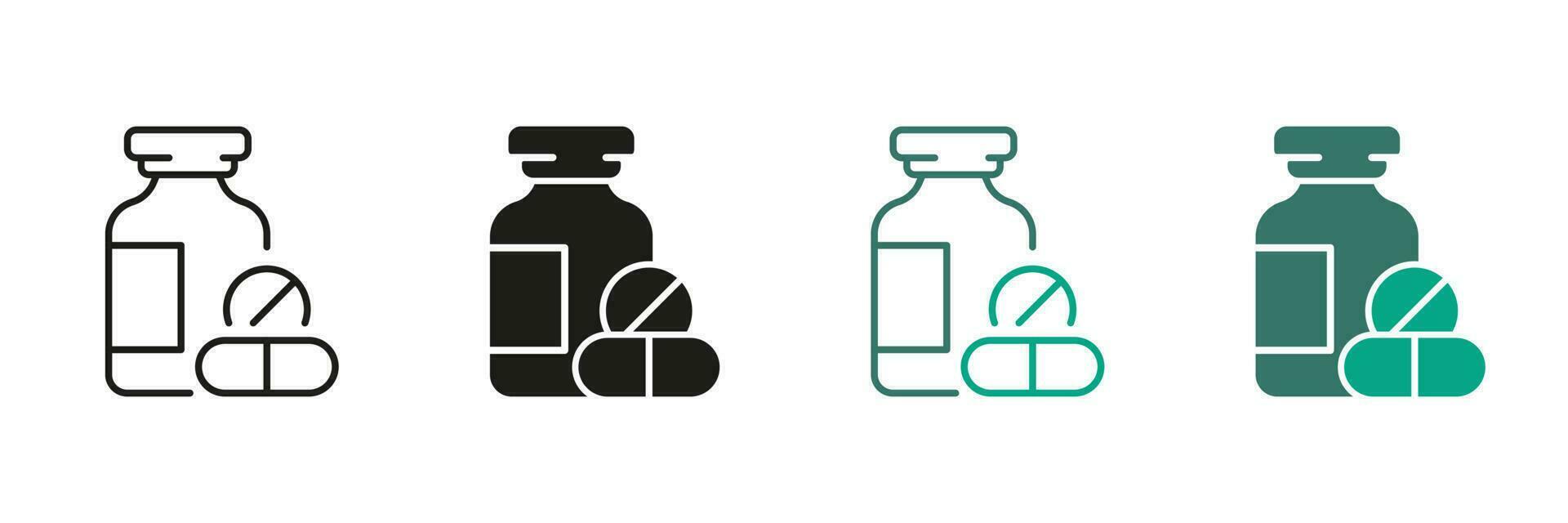 Antibiotic, Painkiller, Vitamin, Pharmaceutical Medicament Sign. Pharmacy Symbol Collection. Medication Line and Silhouette Color Icon Set. Pill and Bottle Pictogram. Isolated Vector Illustration.