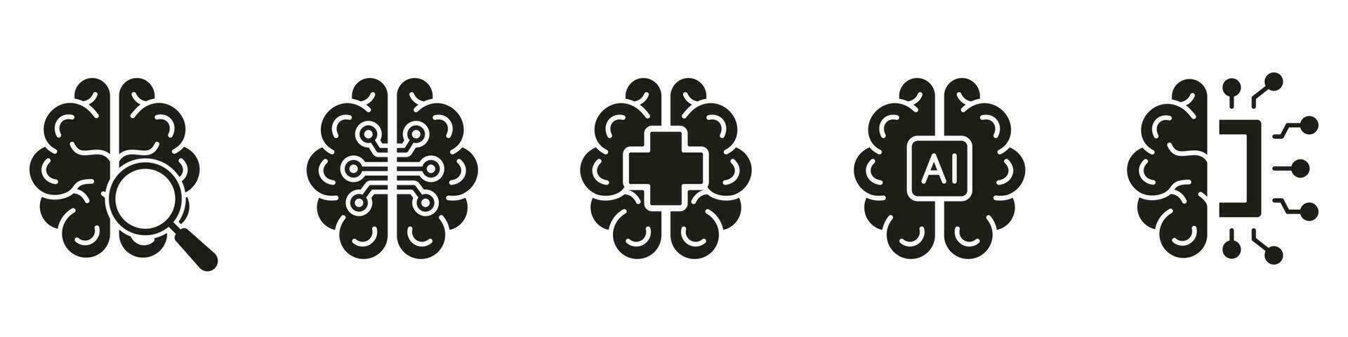 Human Brain Silhouette Icon Set, AI Concept. Digital Technology, Neurology Science Solid Pictogram. Artificial Intelligence Glyph Symbol Collection on White Background. Isolated Vector Illustration.
