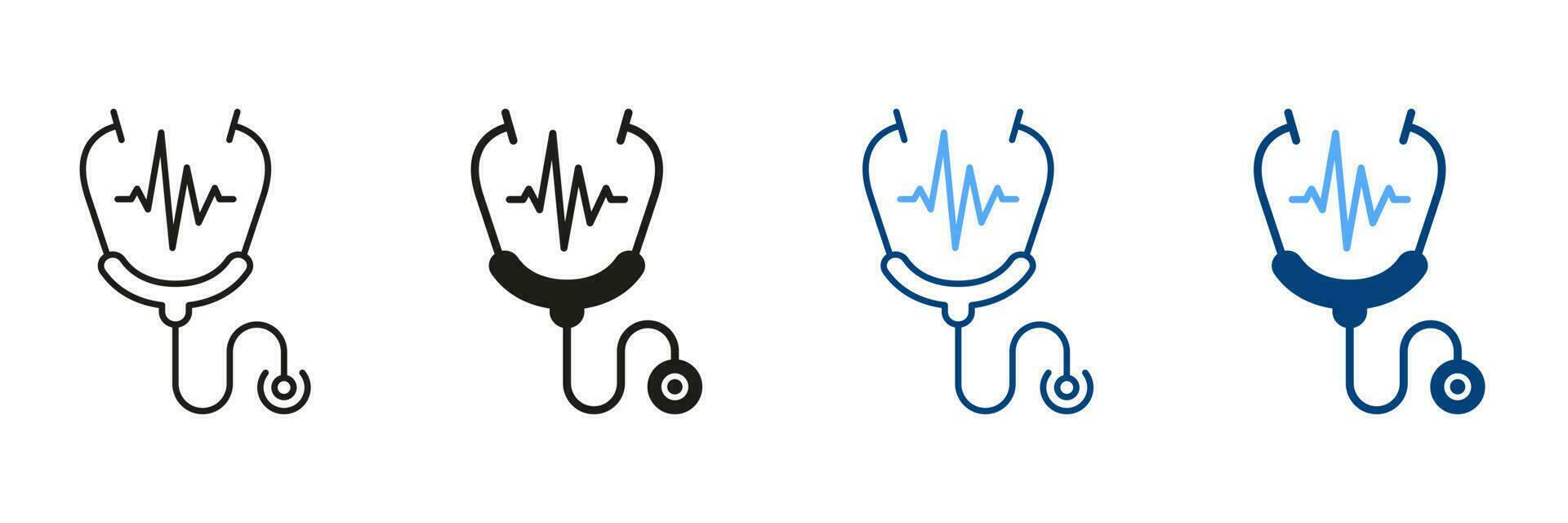 Stethoscope Line and Silhouette Icon Set. Heart Illness Diagnosis Medical Tool Black and Color Pictogram. Doctor's Instrument, Pulse Examination Symbol Collection. Isolated Vector Illustration.