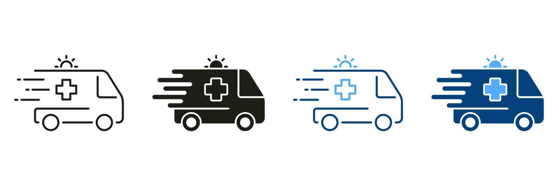 ambulancia línea y silueta icono colocar. urgente médico ayuda. emergencia coche para pacientes negro y color pictograma. paramédico transporte para primero ayuda símbolo recopilación. aislado vector ilustración.