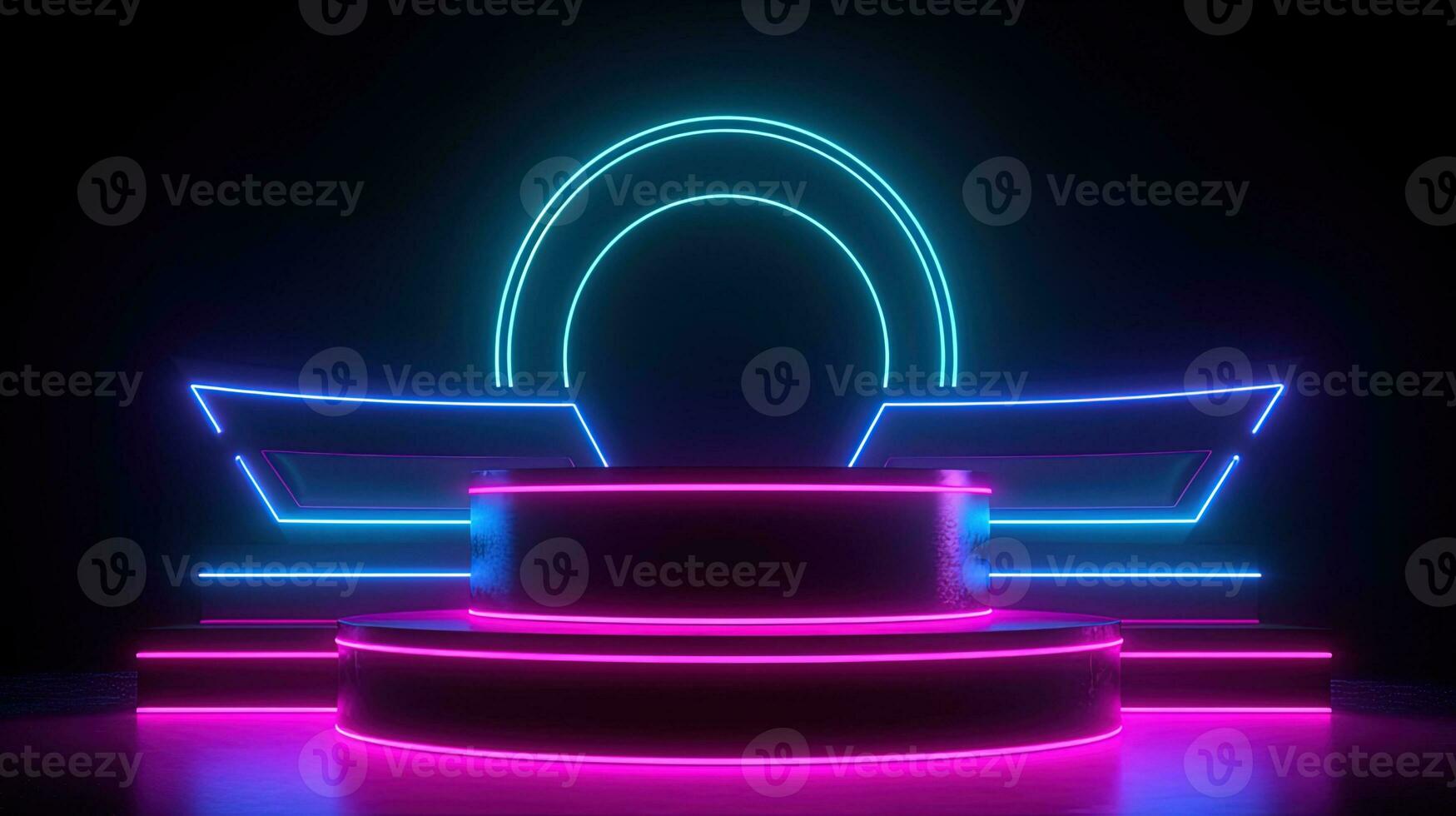 3D abstract background. Neon glowing podium. Empty scene for product presentation. photo