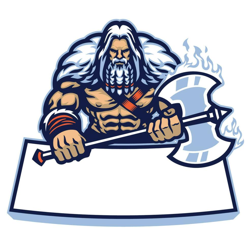 huge nordic warrior mascot hold the big axe weapon vector