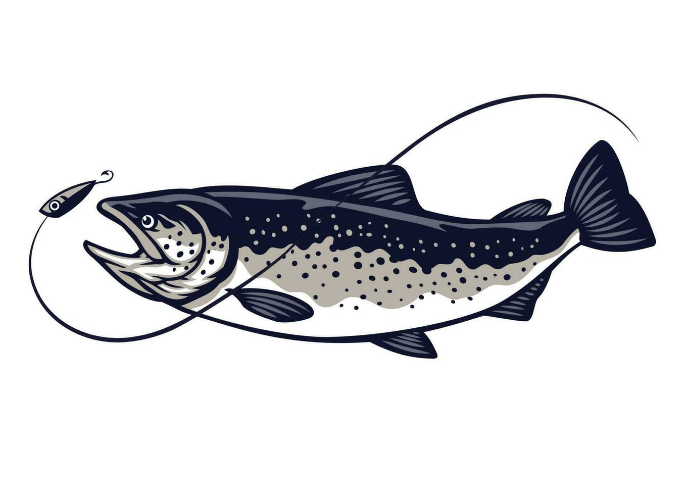 salmón pescado nadar atrapando el señuelo vector