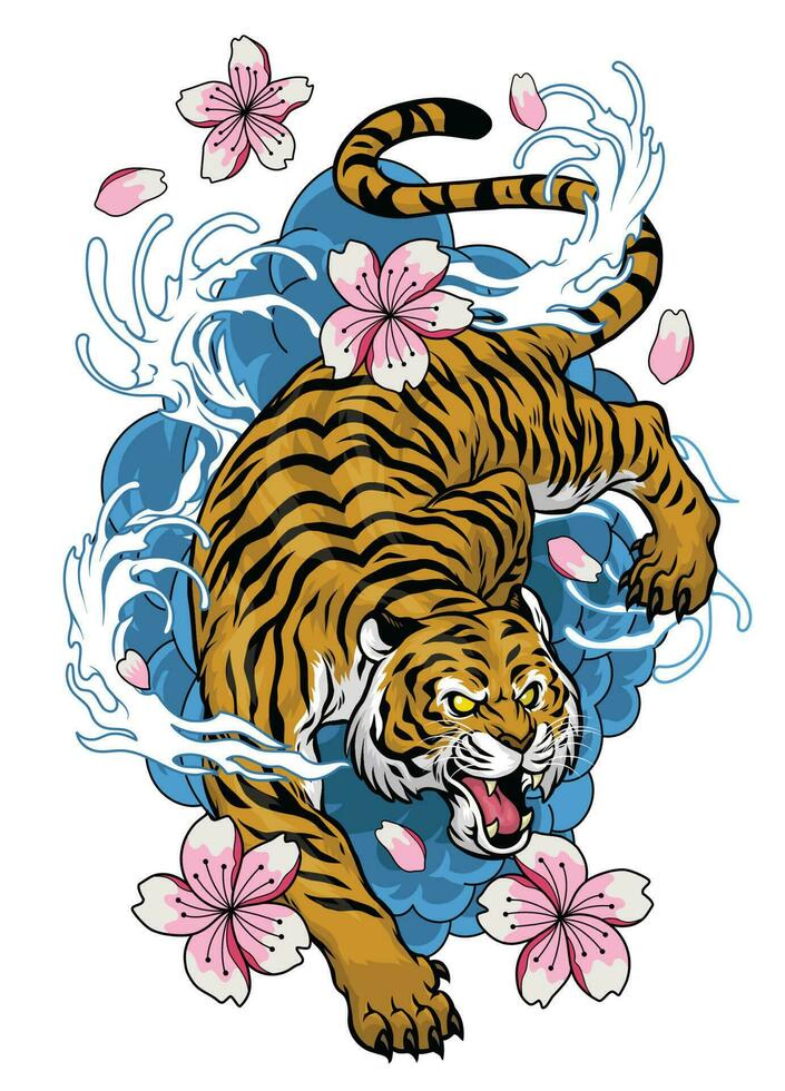 Vintage Japanese Style Illustration of Tiger Design vector
