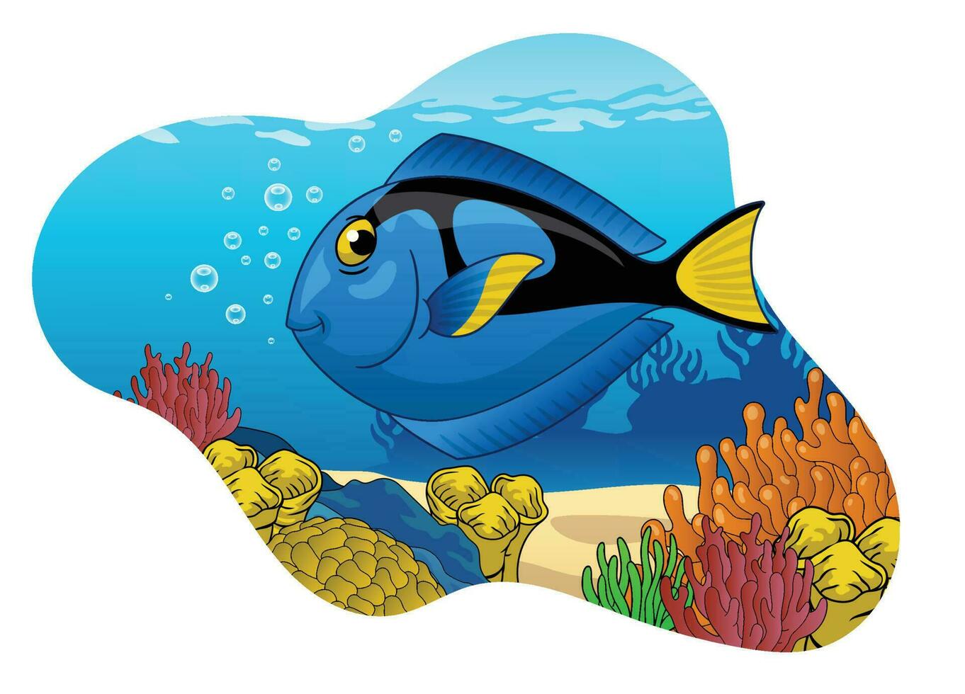 Funny Cute Blue Tang Fish Swiming in the Coral Reef vector