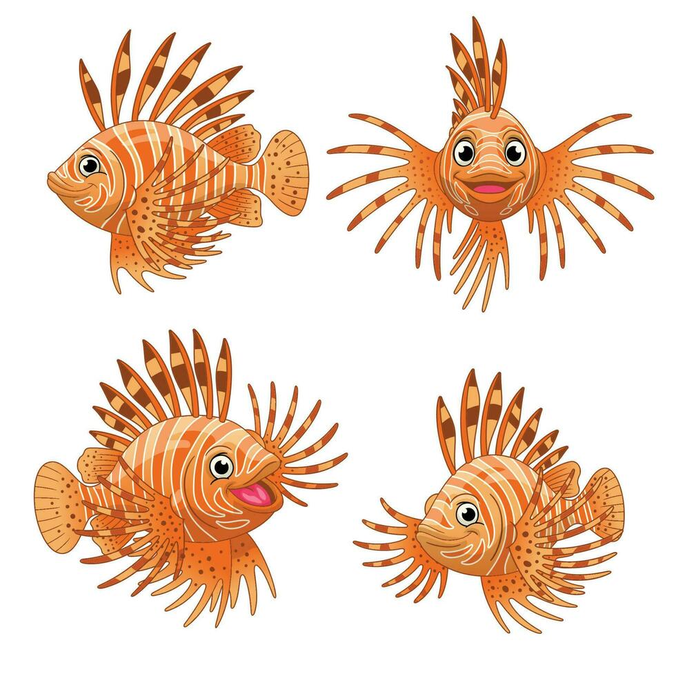 Cartoon Set of Cute Lionfish in various poses vector