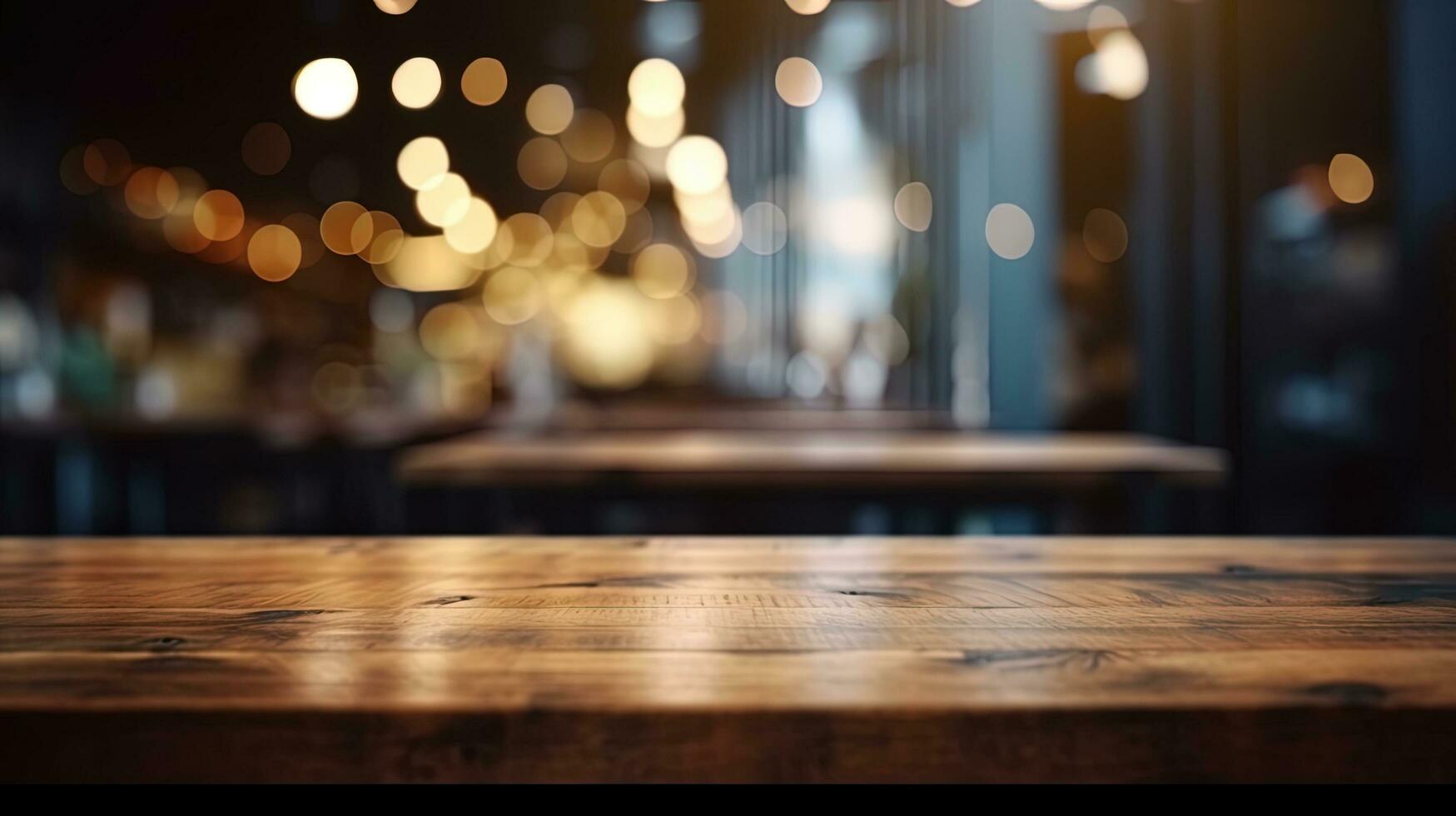 Empty wooden table in front of abstract bokeh light background. photo