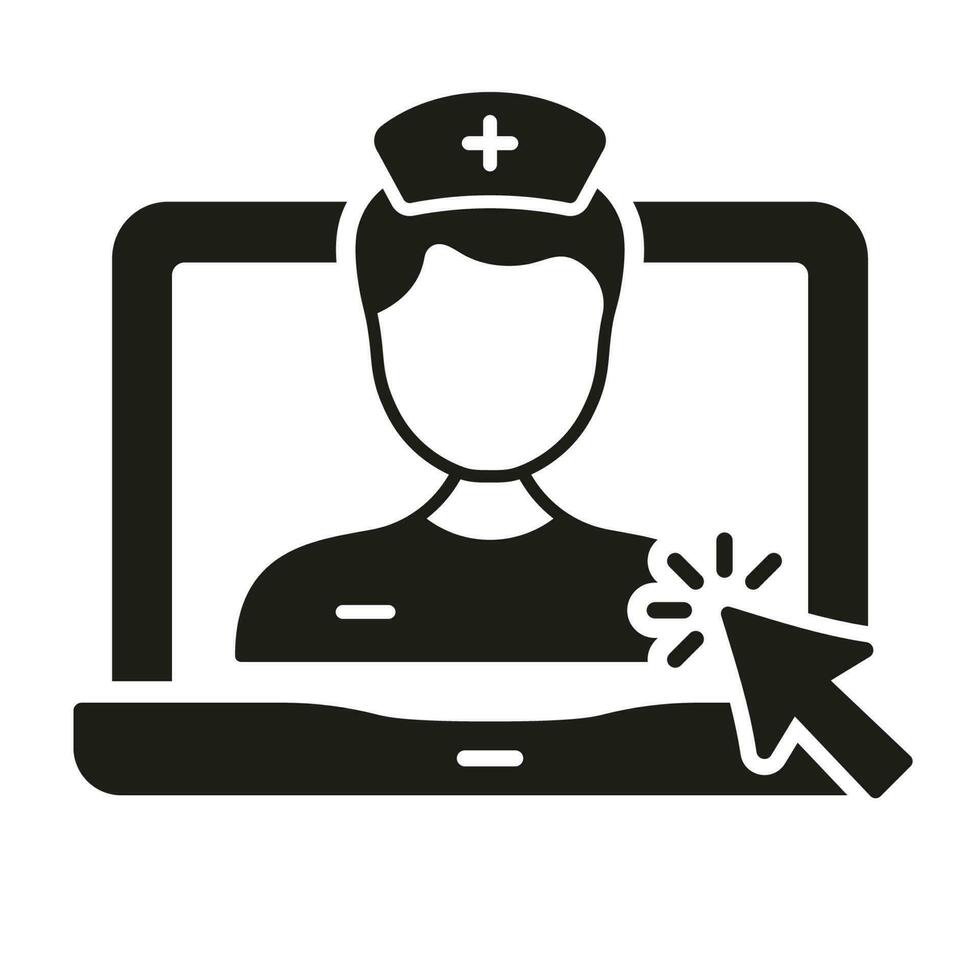 médico en línea consulta en ordenador portátil silueta icono. telemedicina cuidado de la salud glifo símbolo. virtual médico servicio. remoto médico ayuda pictograma. aislado vector ilustración.