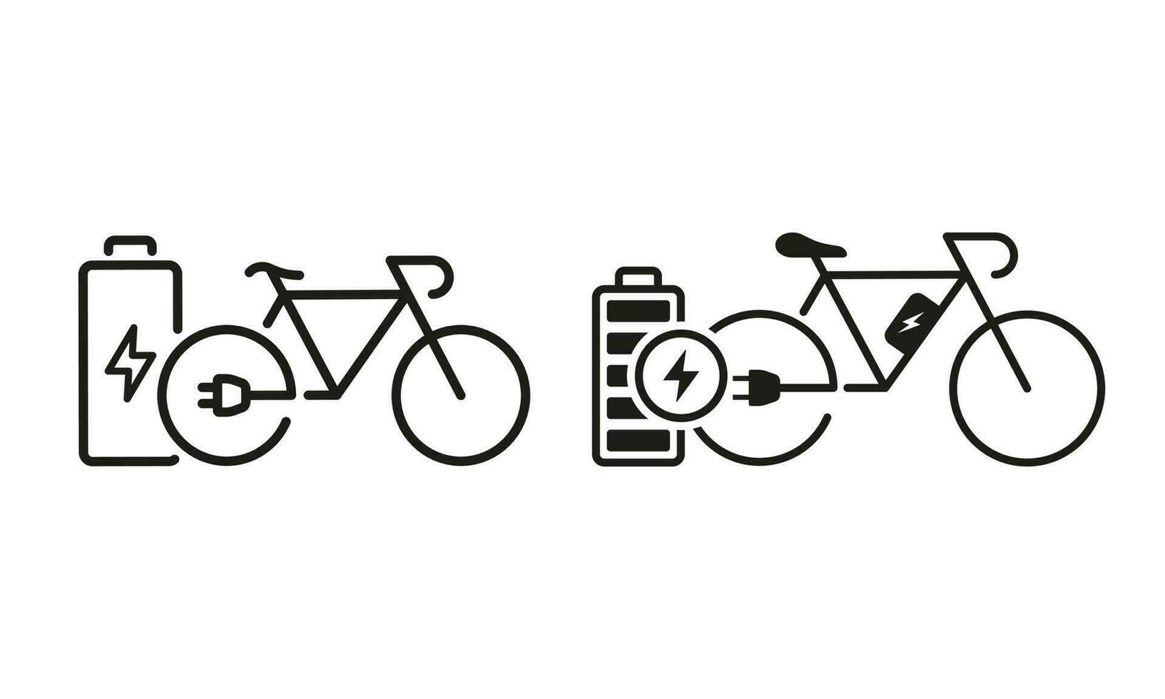 Bike with Eco Renewable Accumulator Line and Silhouette Icon Set. Electric Bicycle and Charge Battery. Green Energy Transport Symbol Collection on White Background. Isolated Vector Illustration.