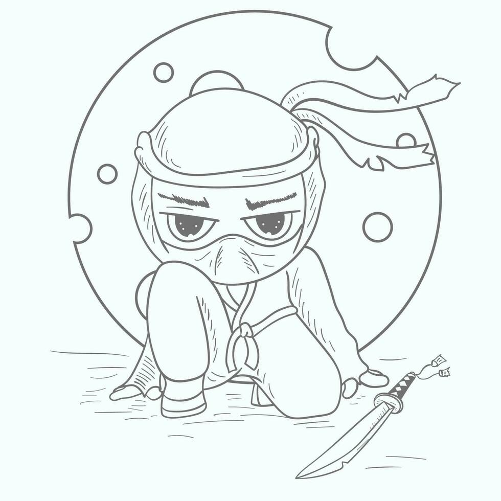 a Chibi man in a ninja spy costume sits next to a sword contour vector illustration in the style of a doodle