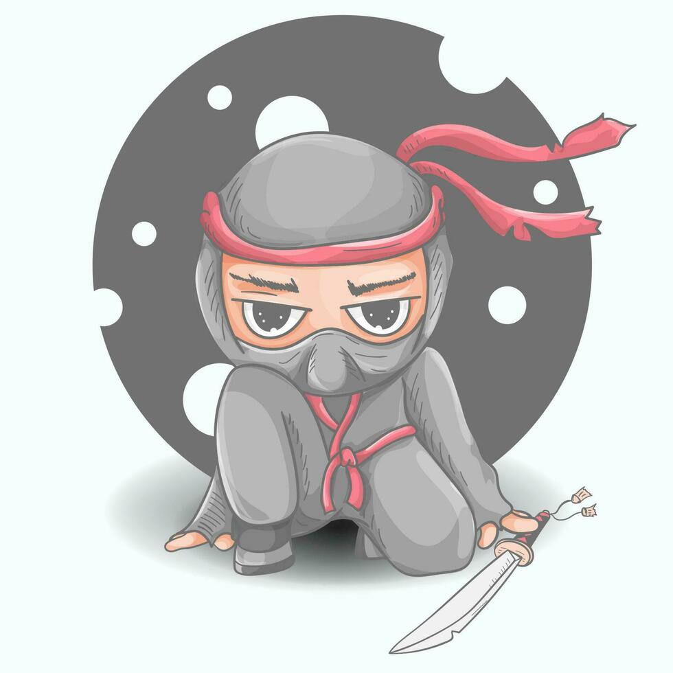 a Chibi man in a ninja spy costume sits next to a sword colored contour vector illustration in the style of a doodle
