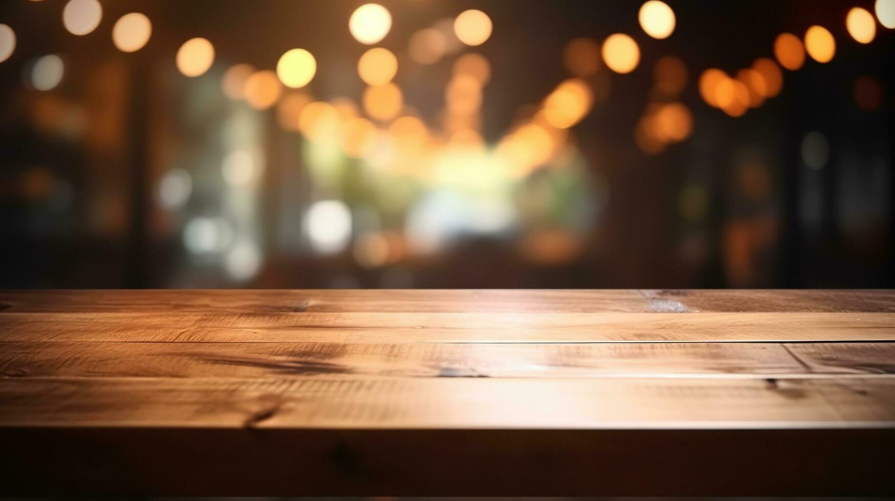Empty wooden table in front of abstract bokeh light background. photo