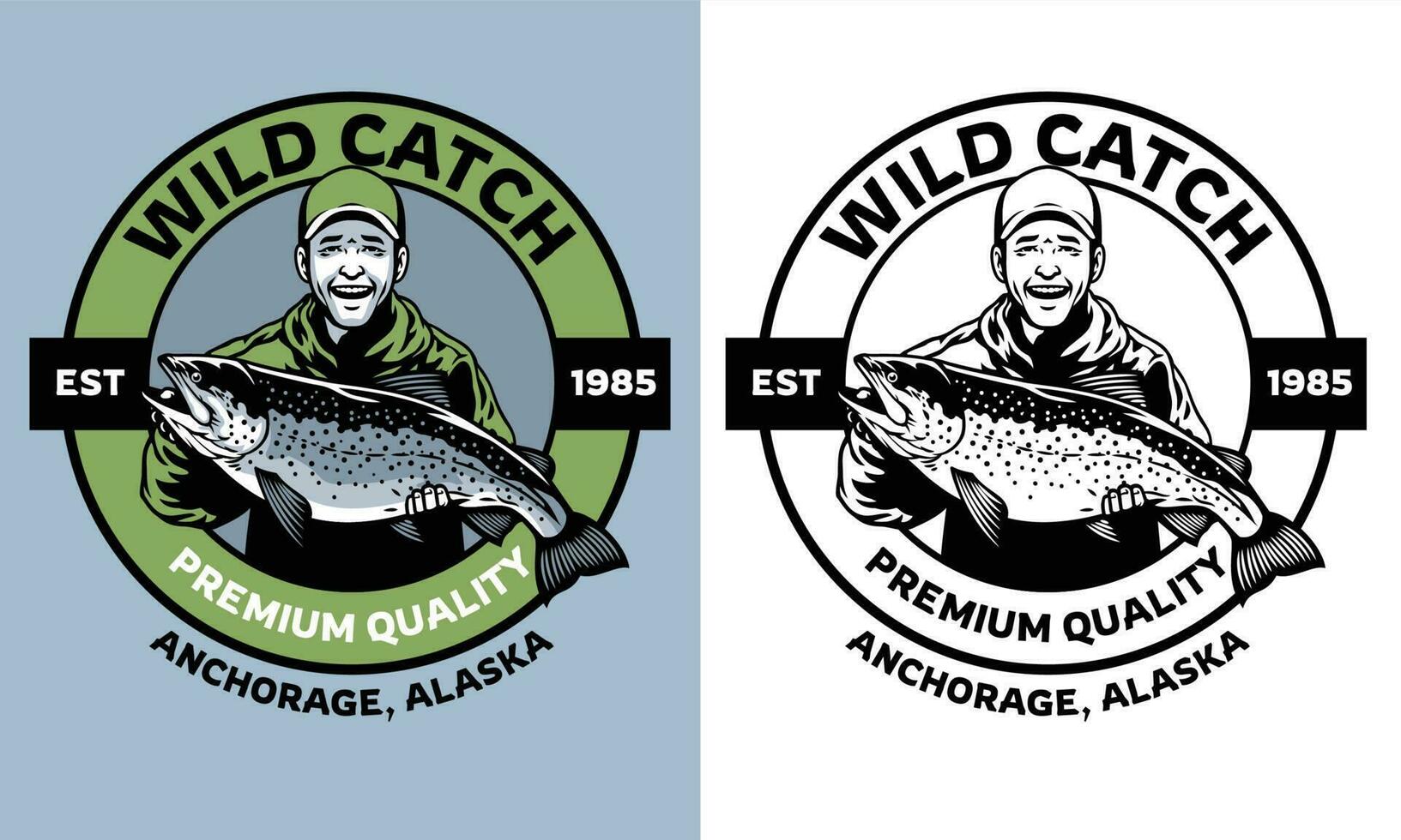 fisherman badge design hold the salmon fish vector
