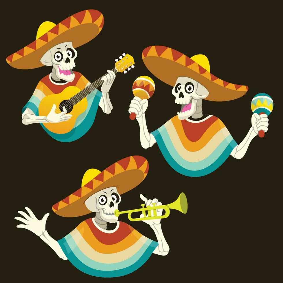 conjunto cráneo dibujos animados mexicano personaje vector