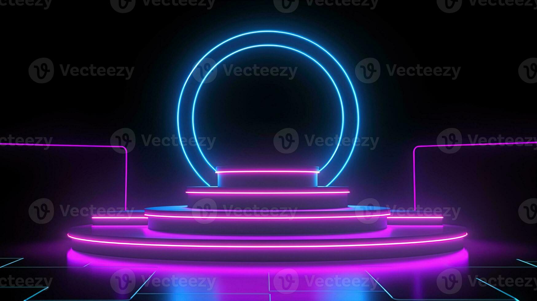 3D abstract background. Neon glowing podium. Empty scene for product presentation. photo