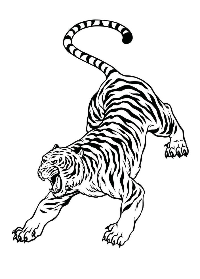 mano dibujado enojado agachado Tigre negro y blanco vector