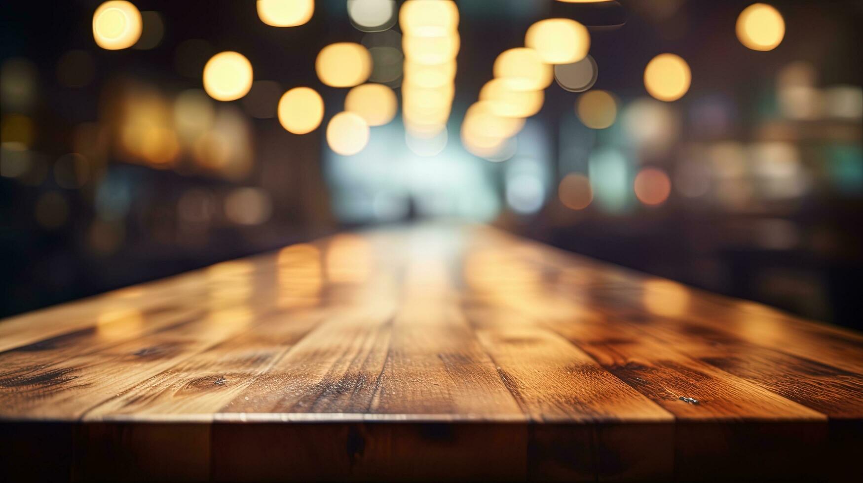 Empty wooden table in front of abstract bokeh light background. photo