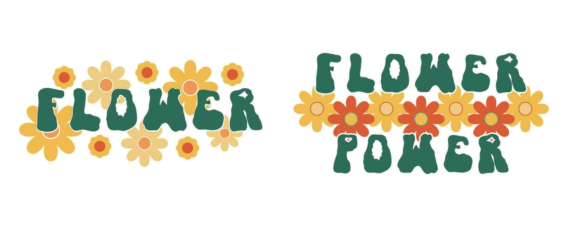 flor poder niña margarita maravilloso impresión hippie colocar. psicodélico retro Moda camisa eslogan. boho camiseta texto con floral letras ilustración aislado en blanco antecedentes. 60s positivo frase tipo vector