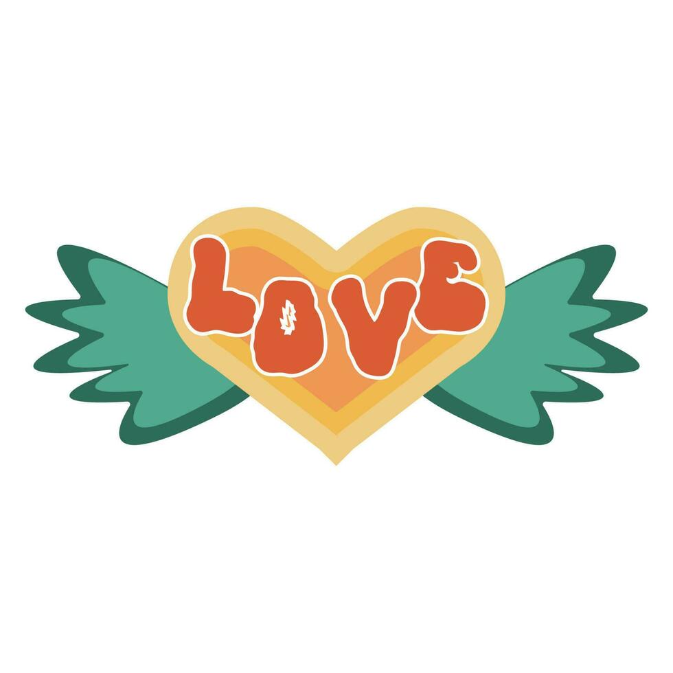 Groovy trippy rave heart and love rainbow print vector graphic design. Psychedelic 70s vintage valentine text illustration. Funky and positive trendy hippie romantic font typography for textile print.